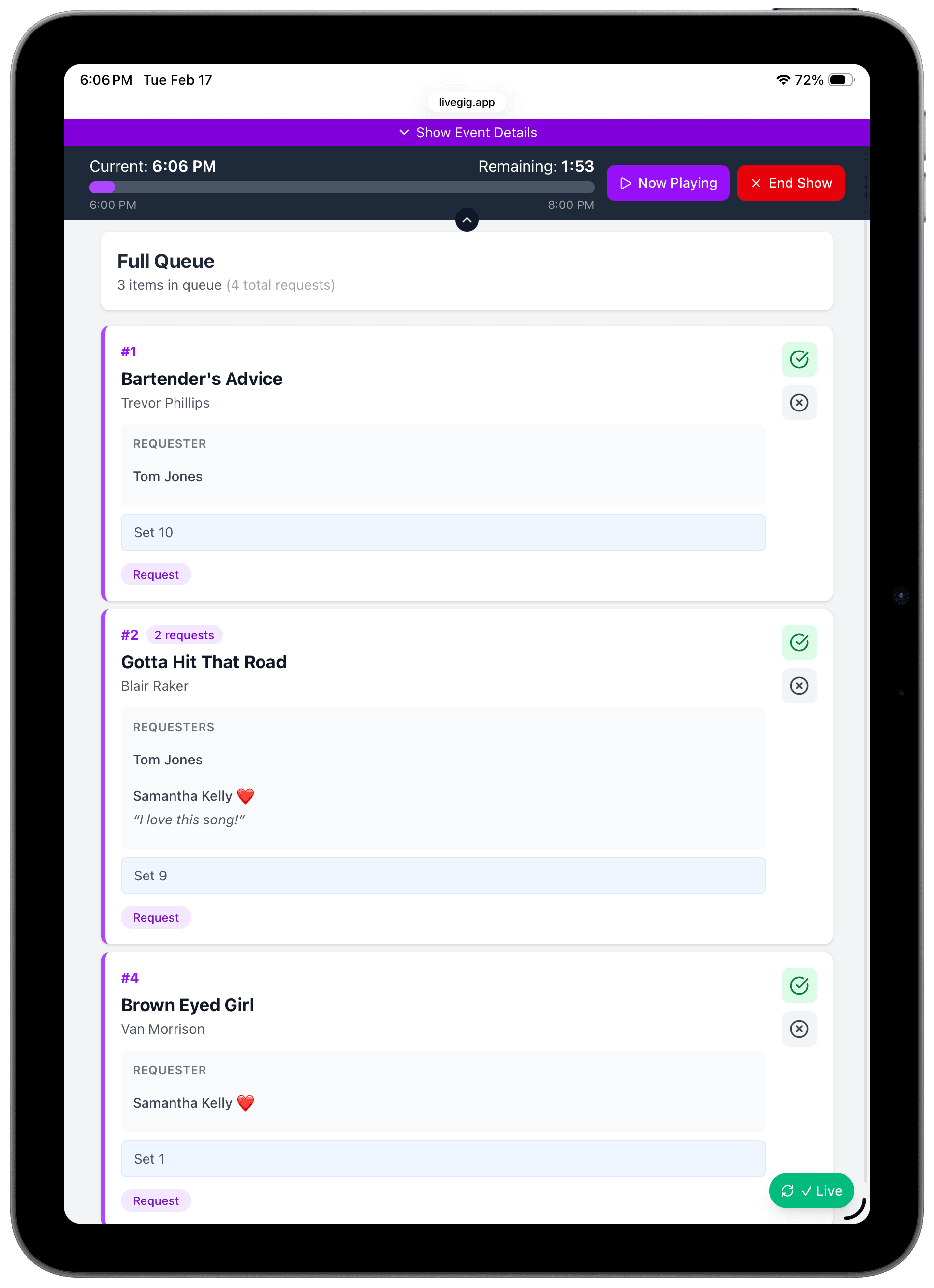 Musician queue with requests
